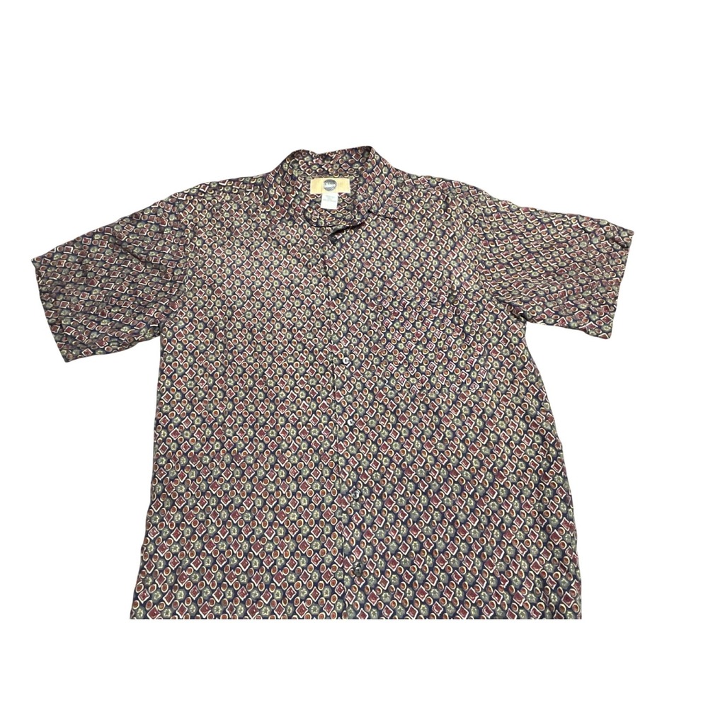 Silk Uomo Button Dow Shirt Mens Small 100% Silk Geometric Medallion Short Sleeve